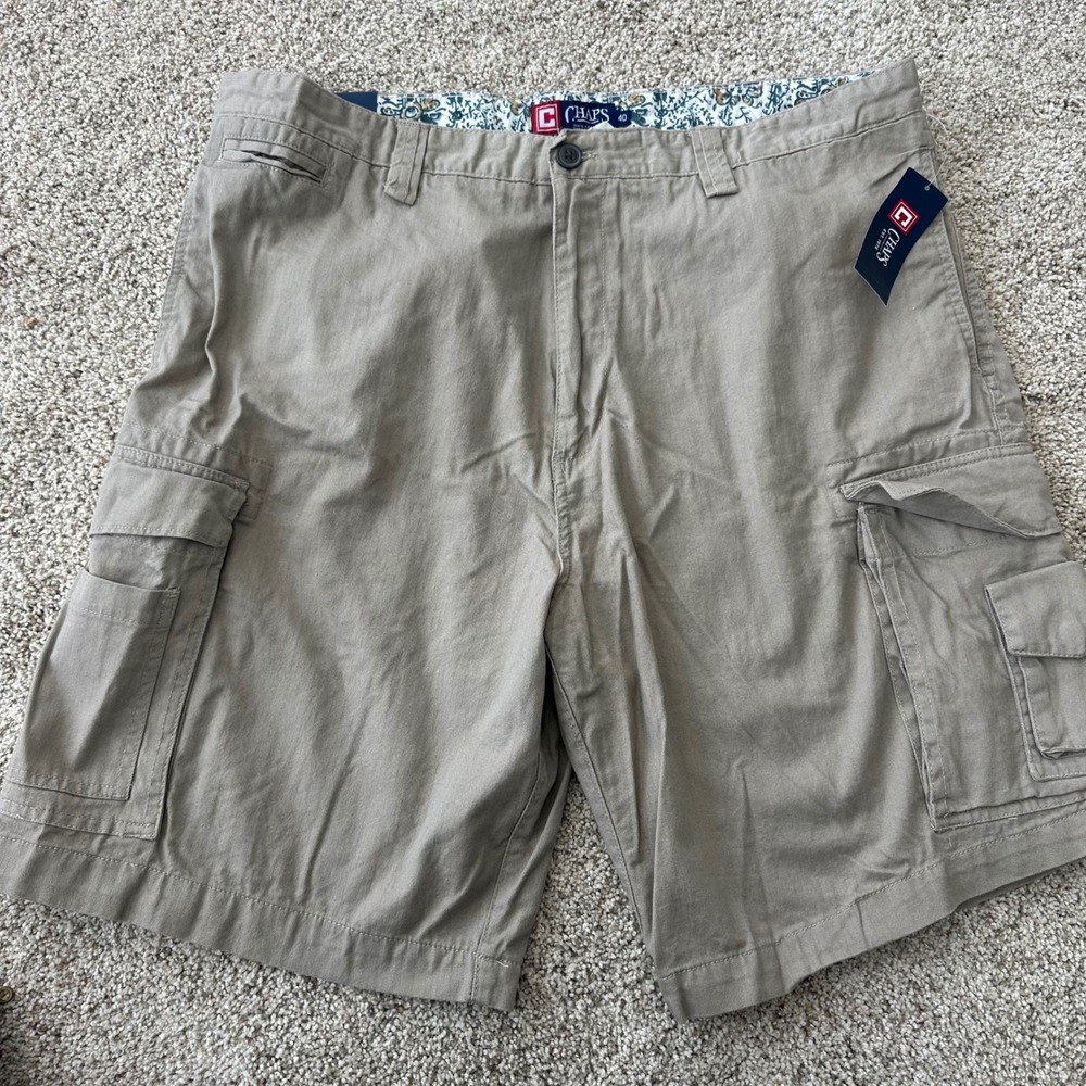CHAPS Mens Cargo Shorts Khaki Tan Cotton‎ Waist 40 Flat Front Pockets